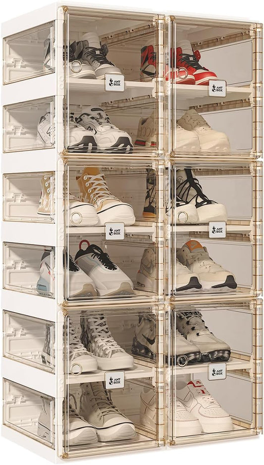 ANTBOX Foldable Shoe Rack,Shoe Organizers for Closet Plastic Shoe Storage Box For Entryway,Living Room,Large Sturdy Stackable Sneaker Cabinet Bins With Magnetic Clear Door 6 Tiers 12 Pairs