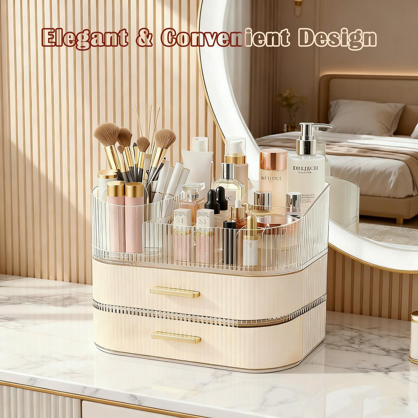 Makeup Organizer for Vanity with Stackable Drawers, 360 Rotating Makeup Brush Holder Large Cosmetic Display Case for Dresser, Bathroom Countertop Skincare Organizers and Storage (3-layer)