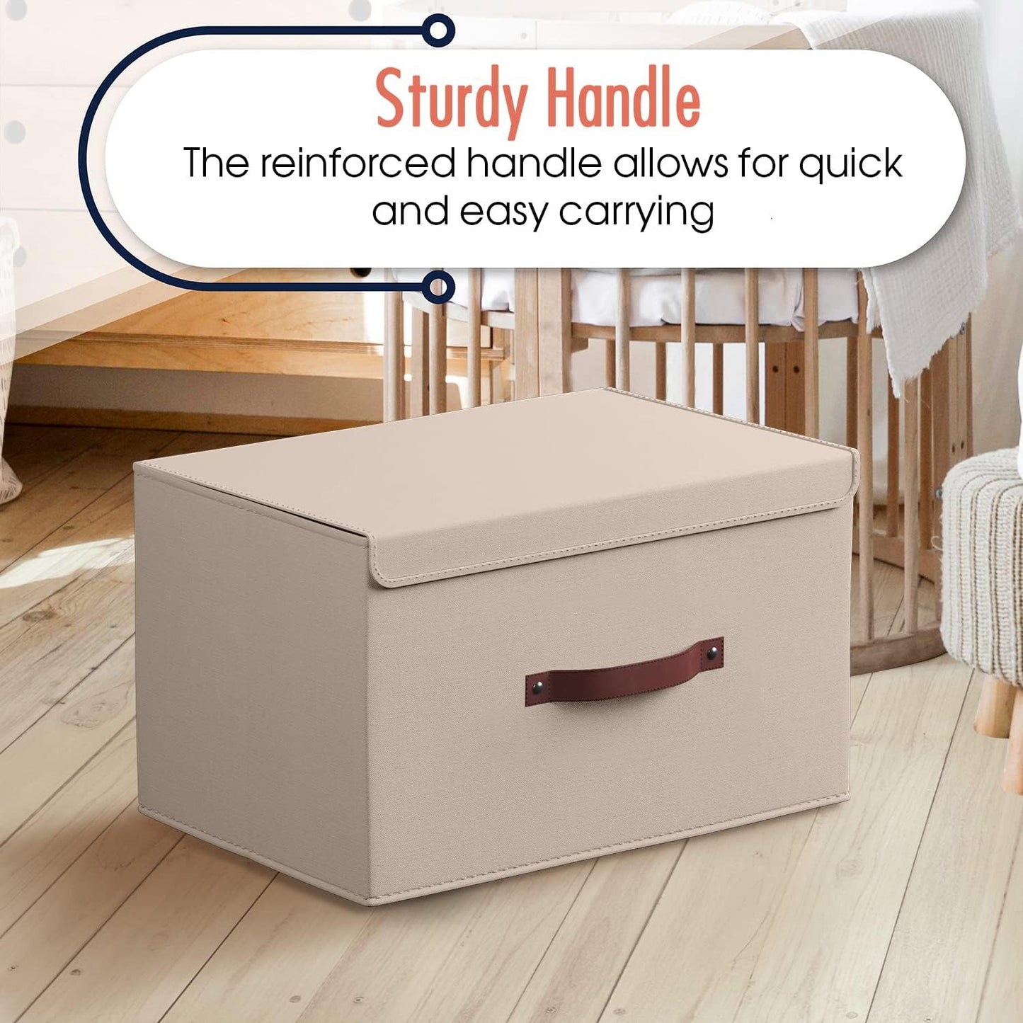Ornavo Home 6 Pack Collapsible Storage Bins with Lid, Foldable Linen Fabric Shelf Storage Basket Closet Organizer and Large Storage Box for Clothes with Leather Handles, 16.5 x 11.8 x 7.5, Beige