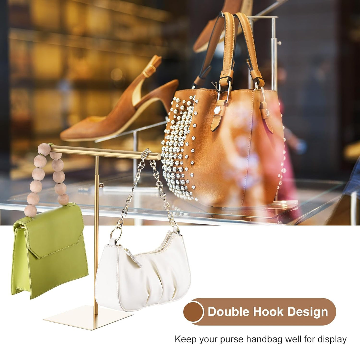 uxcell Necklace Display Stand Adjustable Height Jewelry Rack T Bar Tabletop Purse Holder for Home Boutique Store - Gold