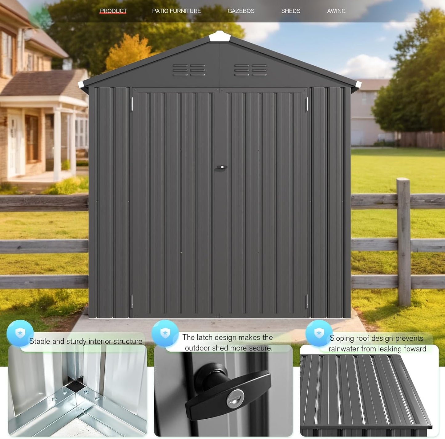 AECOJOY 6' x 4' Outdoor Storage Shed, Dark Grey 4x6 Metal Sheds & Outdoor Storage Clearance, Utility and Tool Garden Shed with Lockable Doors for Backyard, Patio, Outside Use