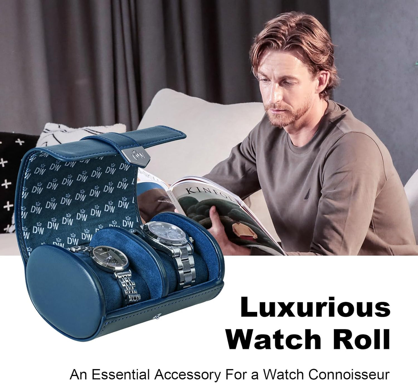 DUKWIN Watch Roll for 2 Watches,Vegan Leather Travel Watch Case Organizer with Removable Pillows for Men and Women,Display Case for Watches Collection and Gift for Anniversary Birthday(Blue Storage)