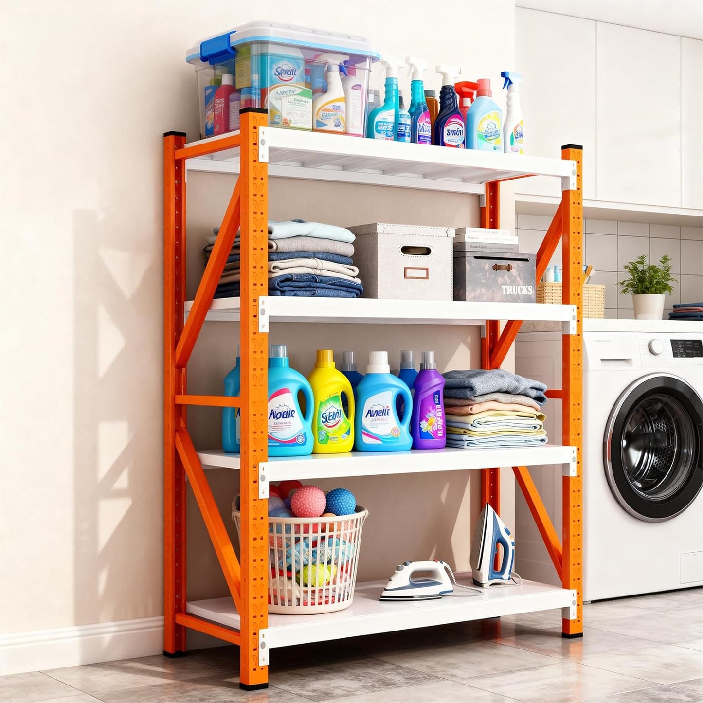 79" H Garage Shelving,3500LBS Heavy Duty Storage Rack,4 Tiers Metal Storage Rack Shelf, Adjustable Shelving Unit for Garage,Kitchen,Warehouse,Basement,78.7" H x 47.2" W x 19.6" D,Orange&White