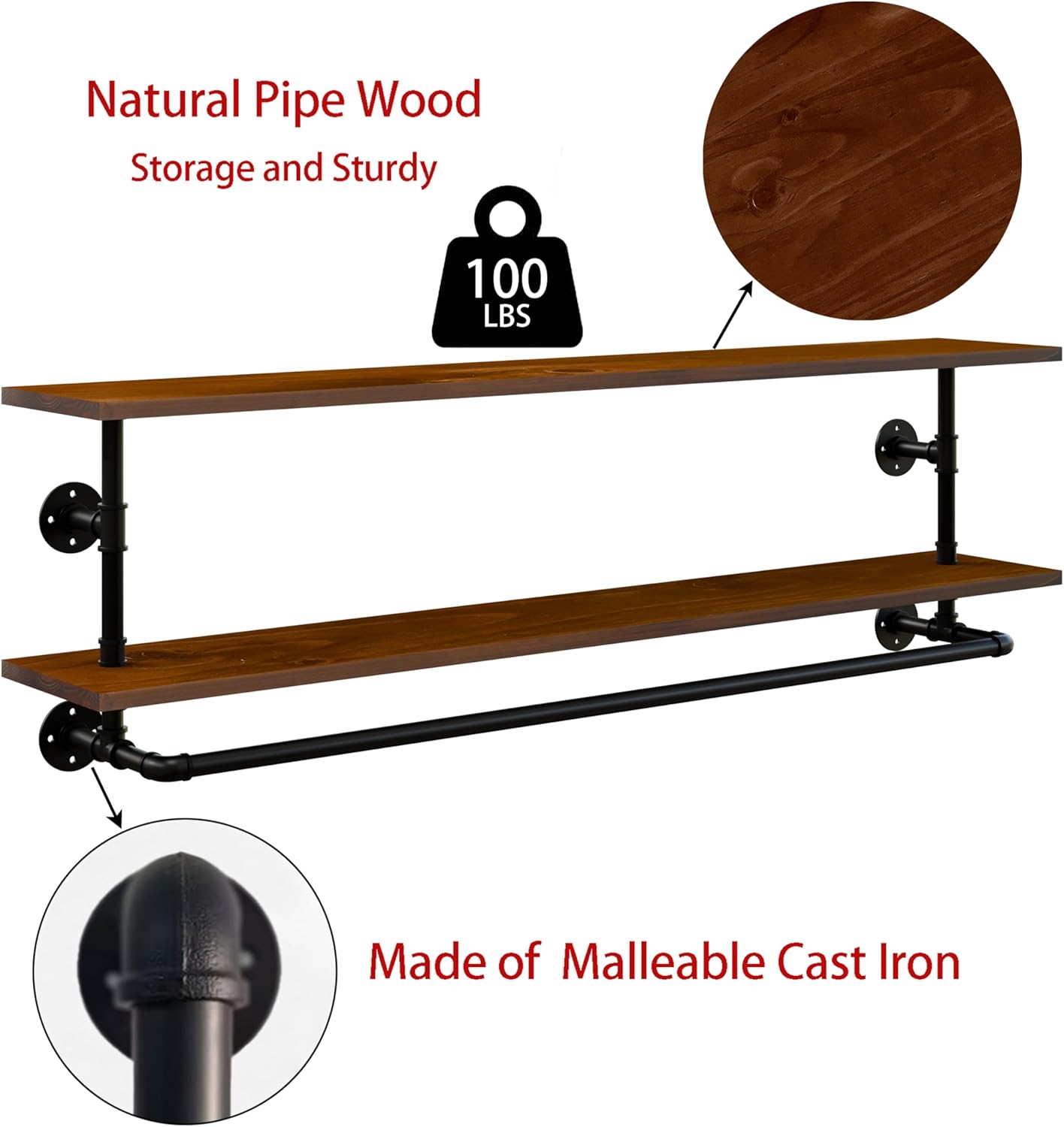 Clothes Rack 60in, Wall Mounted Garment Rack with Real Walnut Wood Shelf, Heavy Duty Hanging Clothes Rack, Multi-Purpose Hanging Rod, Space-Saving Closet Storage (Walnut, 2T60IN)