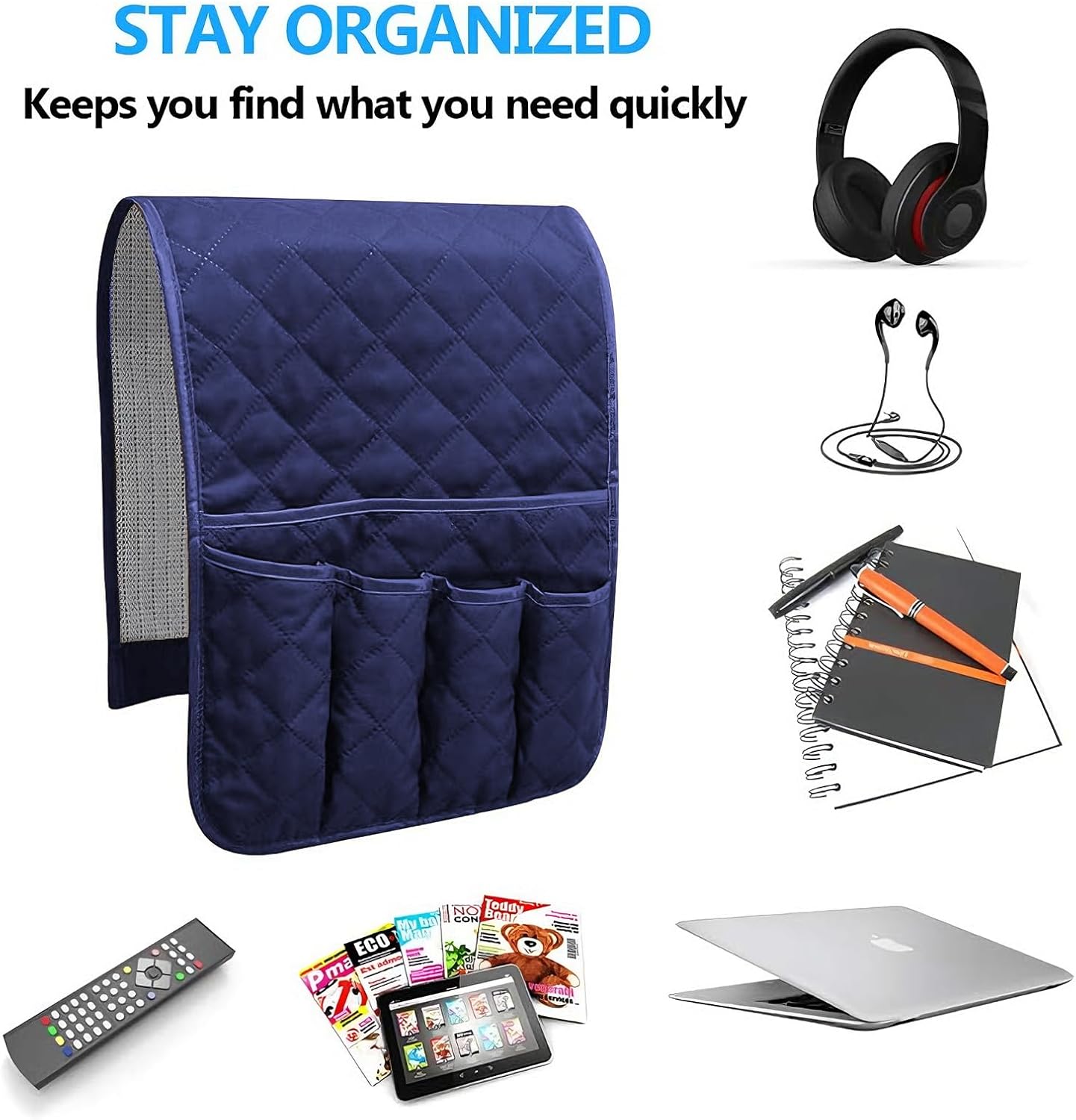 Sofa Armrest Organizer Non-Slip Arm Chair Bedside Caddy Storage Organizer for Recliner Couch with 5 Pockets for Cell Phone TV Remote Control Magazines (BLUE)