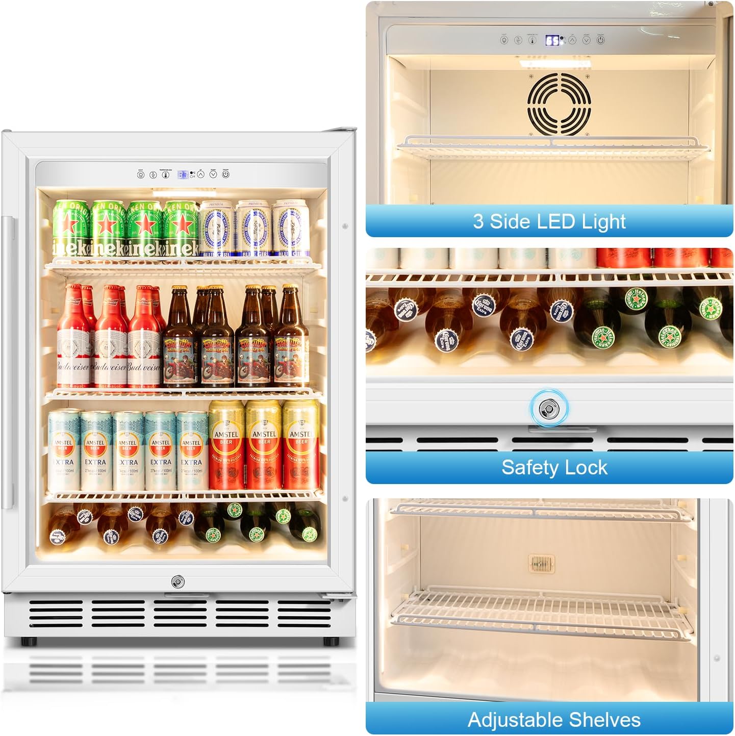 Beverage Refrigerator, 4.9 Cubic Feet Undercounter/Freestanding 24 Inch Beverage Fridge with Glass Door, LED Light, Safety Lock, Touch Control, Low Noise (White)