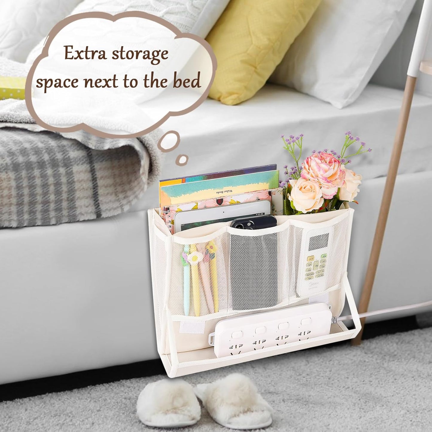 Bedside Caddy Bedside Storage Organizer Bedside Organizer with Power Strip Holder and 2 Adjustable Straps for Home Bunk Bed College Dorm Sofa (White)
