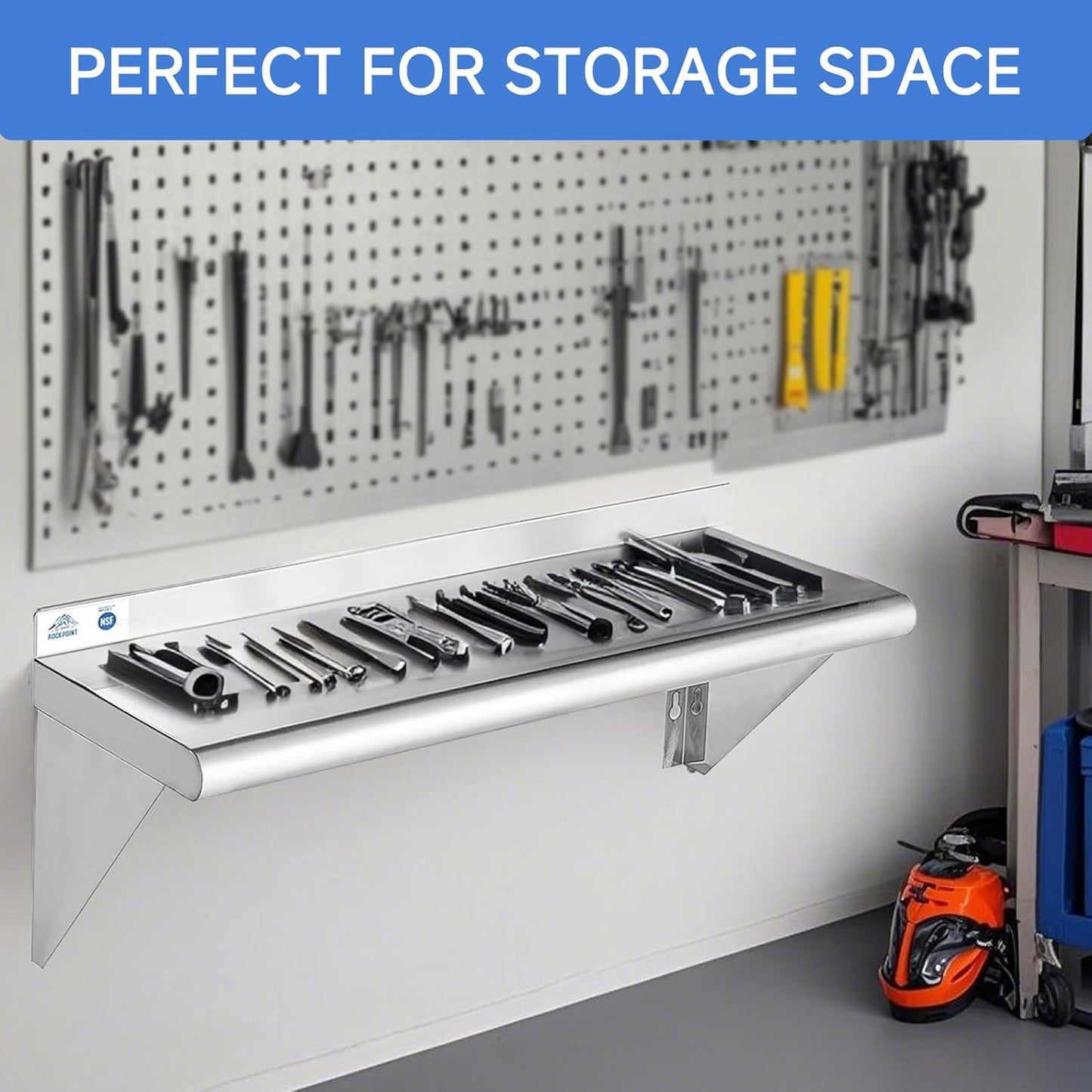 ROCKPOINT Stainless Steel Shelf 12 x 60 Inches 400lb, NSF Metal Commercial Shelves Wall Mount Floating Shelving with Backsplash for Restaurant, Kitchen, Home and Hotel, Silver