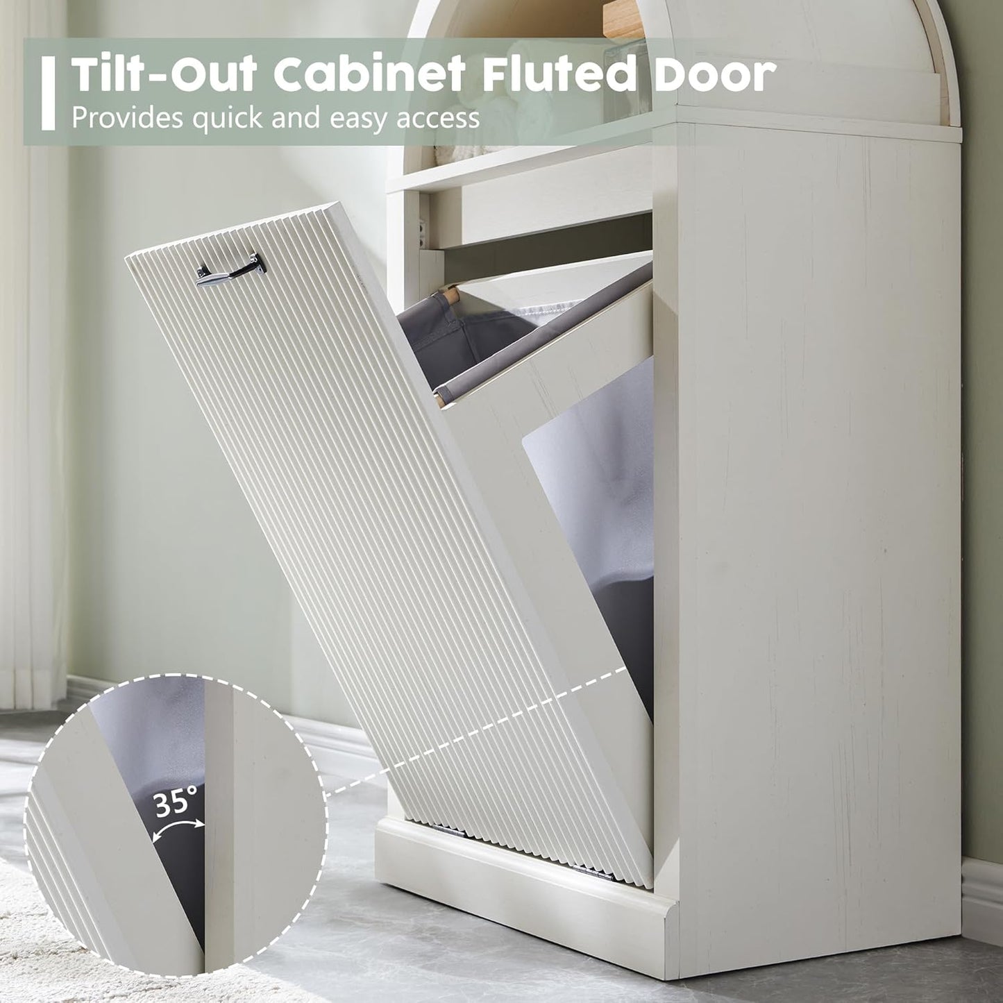 Arched Tilt-Out Trash Can Cabinet, Fluted 10 Gallon Trash Can with Open Shelf, Modern Laundry Hamper Cabinet, Hidden Garbage Can with Storage Basket for Kitchen, Living Room, White