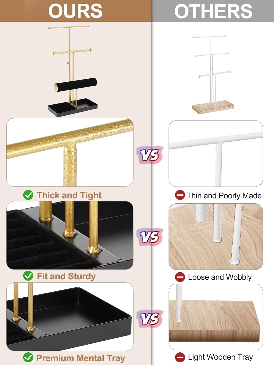 Cirhy Jewelry Organizer Stand, 3 Tier Necklace Holder for Women, Adjustable Jewelry Tree with Velvet Bracelet & Ring Tray, Elegant Jewelry Display for Necklaces, Bracelets, and Earrings（Black）