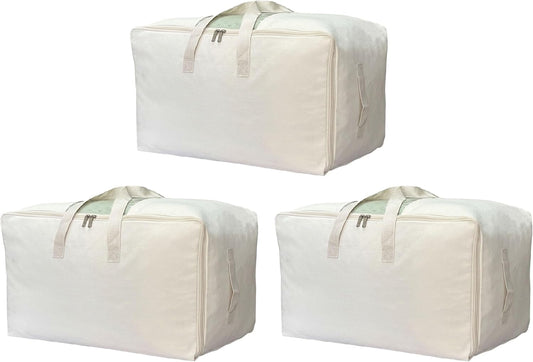 Soft Canvas Clothes Storage Bags with Four Carrying Handles and Clear Window, Closet Organizer for Clothing, Blankets Sheets and Bedding, 55L, 3 Pack, Beige
