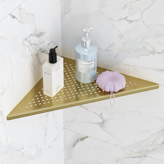 Bathroom Corner Shelf, Recessed 12" Shower Shelf Caddy, SUS304 Stainless Steel Shelf Wall Mount Triangular, No Drilling, Brushed Golden
