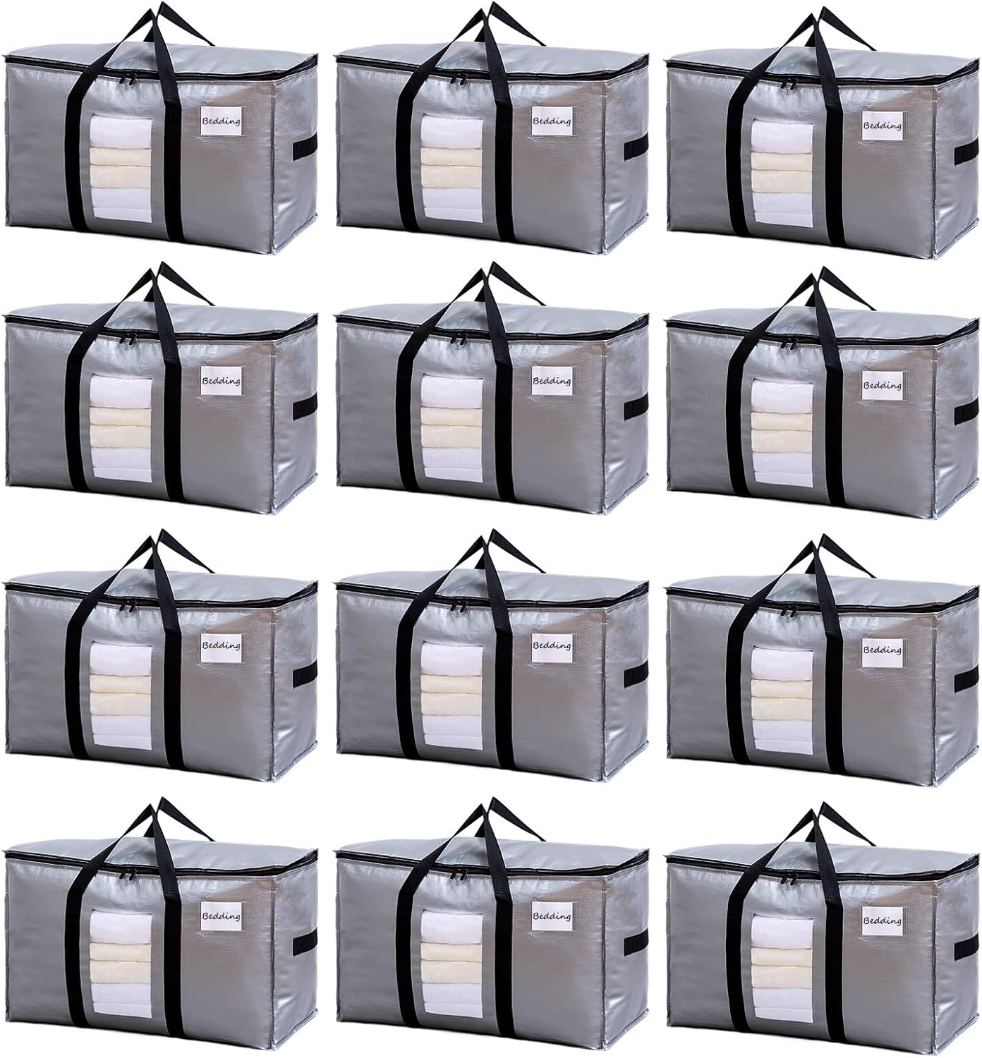 TAILI Extra Large Moving Bags, 12 Pack Silver Heavy Duty Totes for Storage with Visible Window, Wrap Around Handles, Storage Bags for Space Saving, Alternative to Moving Boxes