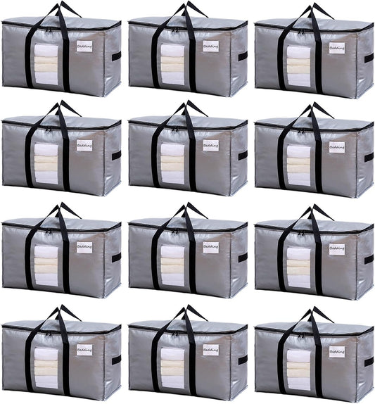 TAILI Extra Large Moving Bags, 12 Pack Silver Heavy Duty Totes for Storage with Visible Window, Wrap Around Handles, Storage Bags for Space Saving, Alternative to Moving Boxes