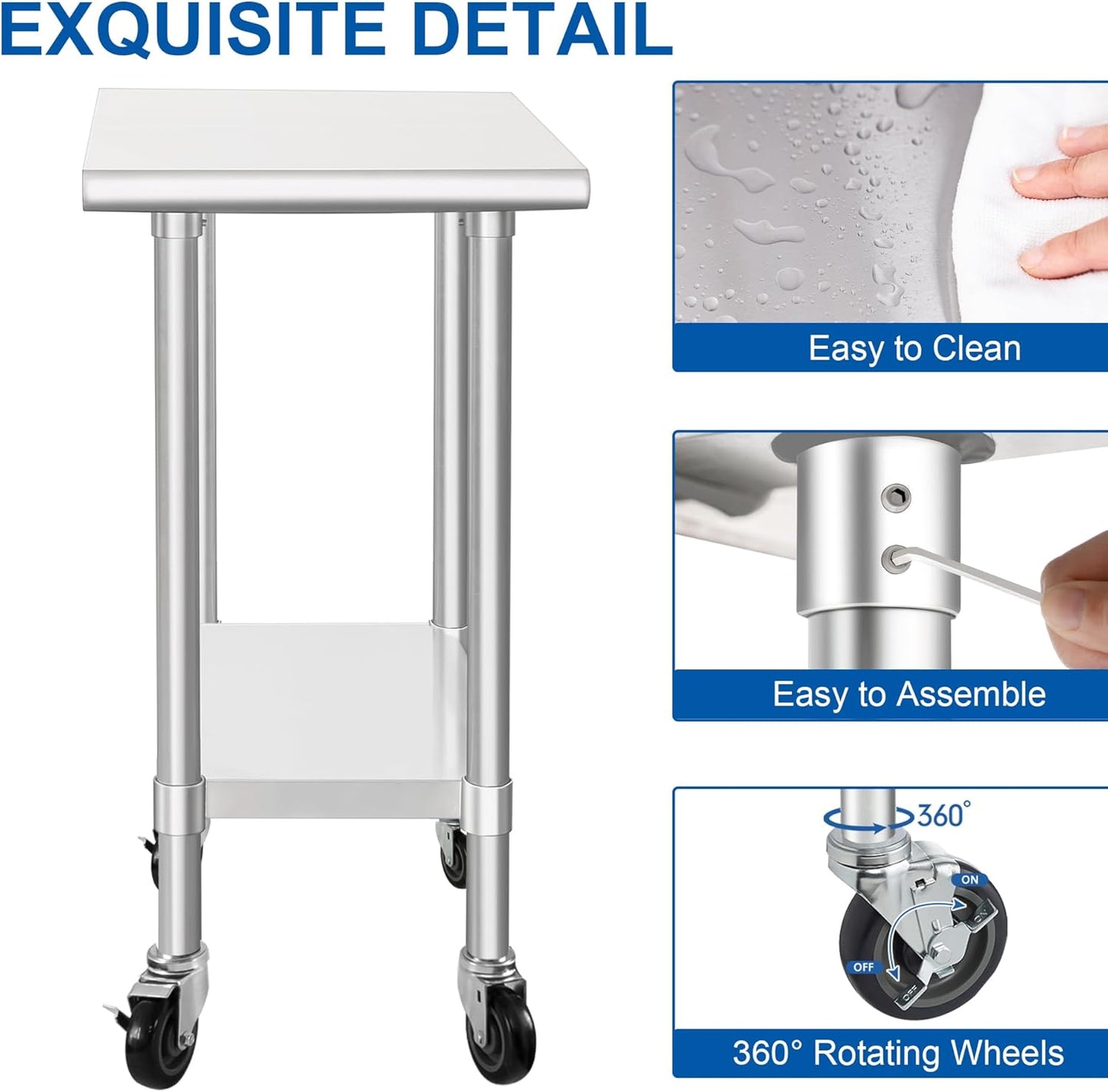 HARDURA Stainless Steel Commercial Table Prep & Work Table with Casters Heavy Duty Metal Table with Wheels NSF 430 30×18 Inches