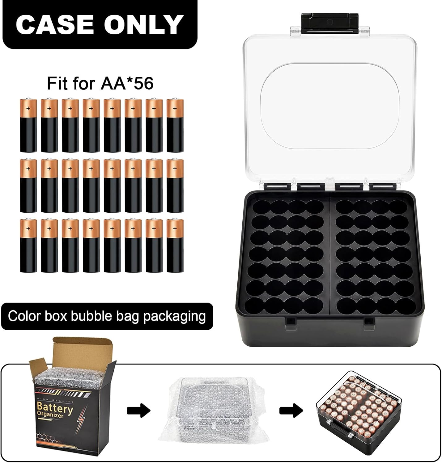 FULLCASE Battery Storage Organizer Box, Holder Container for 56 AA Batteries, Plastic Home Batteries Variety Pack Protective Organization(Case Only) Black
