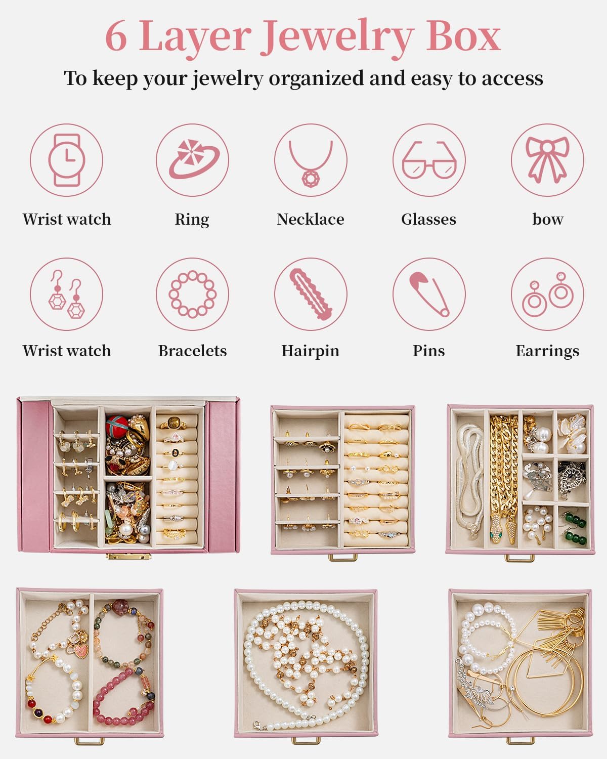 TORIBIO Large Jewelry Box for Women, Leather Jewelry Organizer with Mirror & Lock, 6-Tier Jewelry Storage Case for Girls/Women/Mothers, Necklace Earring Bracelets Holder Organizer