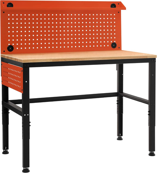 MCombo Adjustable Workbench with Solid Wood Tabletop for Garage, Steel Worktable with 2 Pegboards Bench48 (Orange)