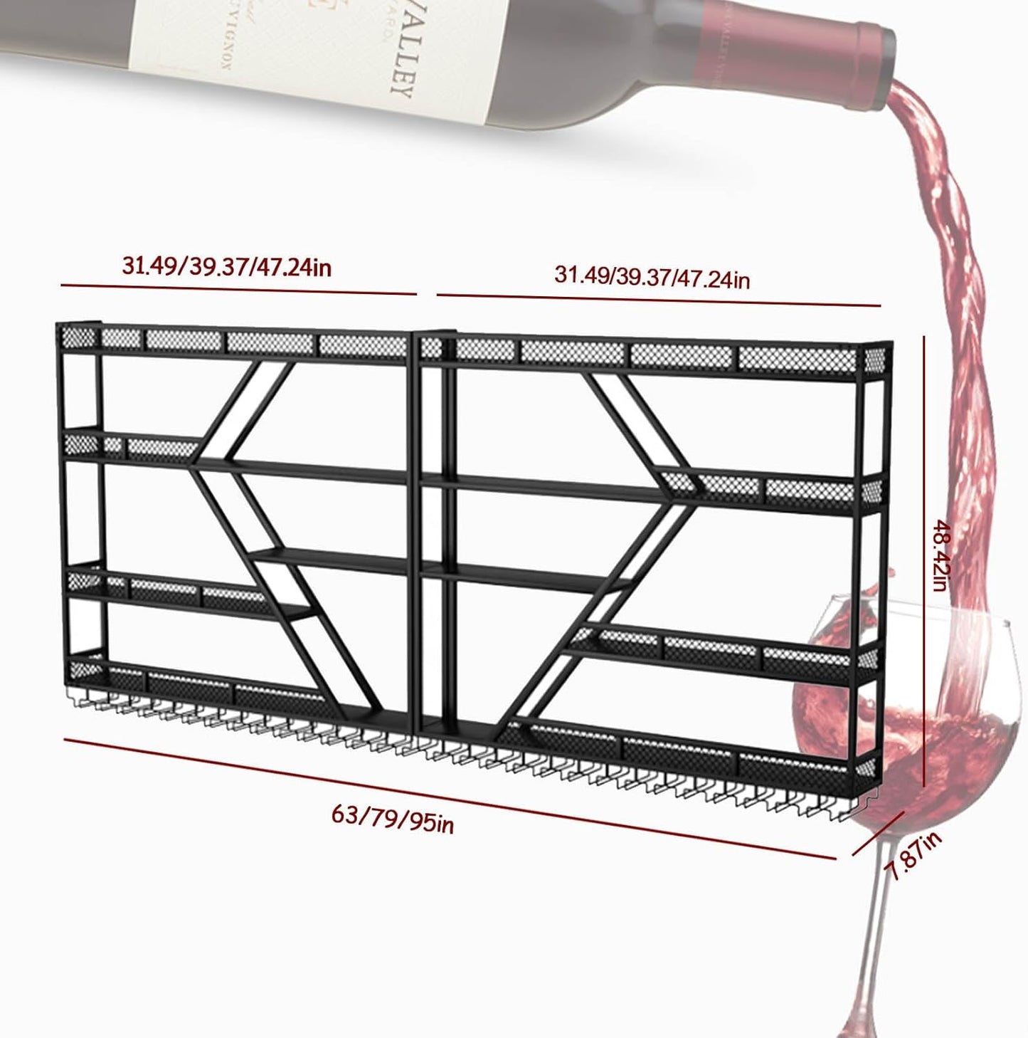 63in Large Wall Mounted Wine Rack 4 Tier Metal Wine Bottle Holder Modern Diamond Design Floating Bar Liquor Bottles Storage Rack for Home Restaurant Bar Decorative (Black, 4 Tier - 63in)