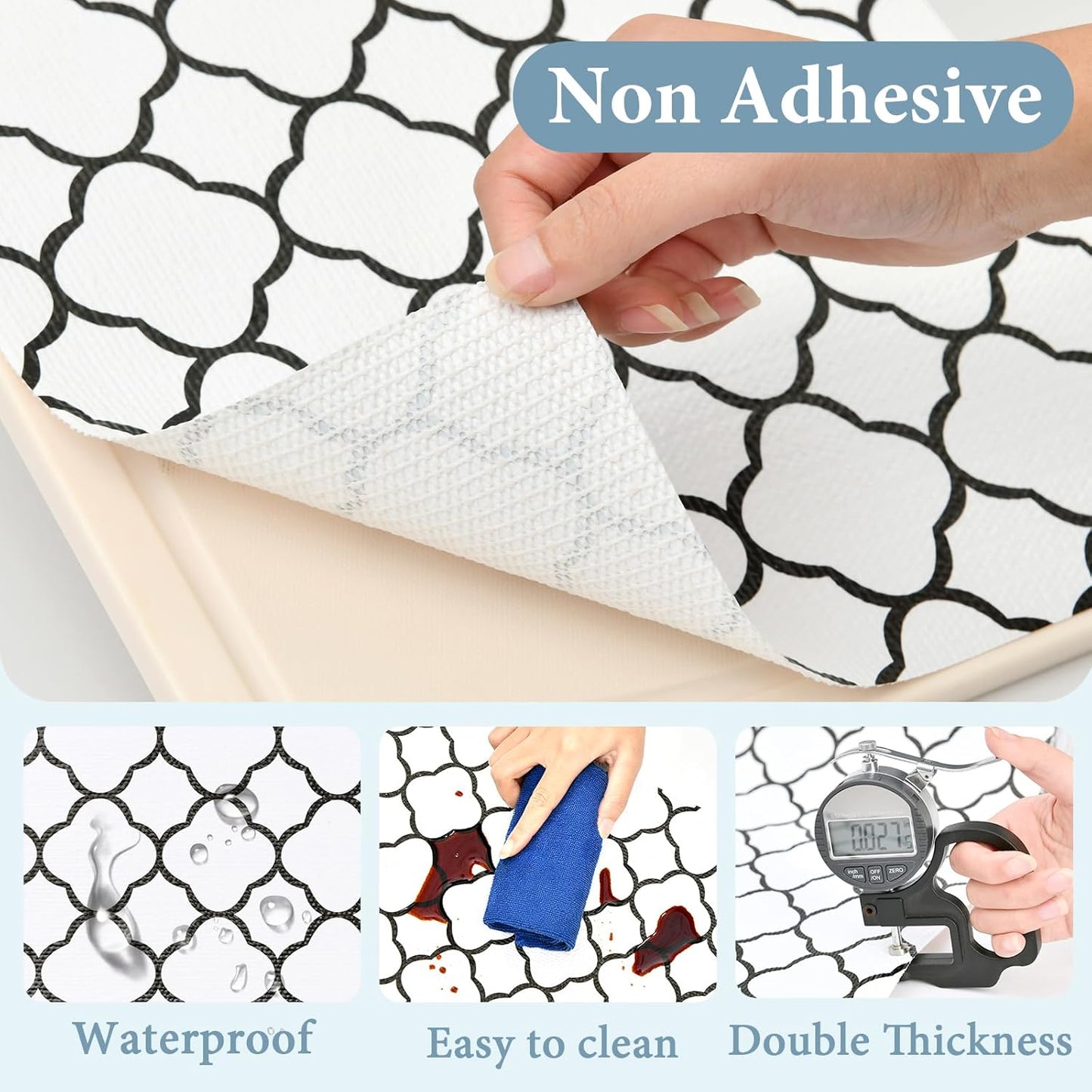 Shelf Drawer Liners for Kitchen Cabinets 11.8 x 118 Inches Non Adhesive Drawer Liner Thickened Refrigerator Liner Black Quatrefoil Strong Non-Slip Paper for Tool Box with Knife and Tape Measure
