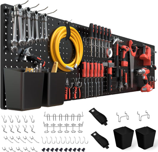FZK Pegboard 32"*32",Black Pegboard 4pcs and 46 Peg Board Hooks with Strong Ribs Back Holds up for 200Ib,Peg Board Organizer for Walls for Garage Workshop Office