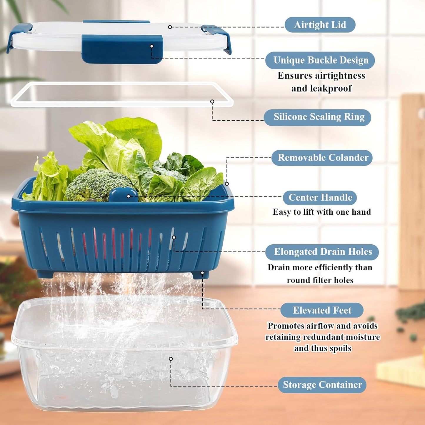 68oz Berry Keeper Fruit Storage Container for Fridge, Fresh Food Produce Saver Containers with Removable Drain Colander, Vegetable Lettuce Keeper Bowl Refrigerator Organizer, PRESS TO OPEN CLOSE LID