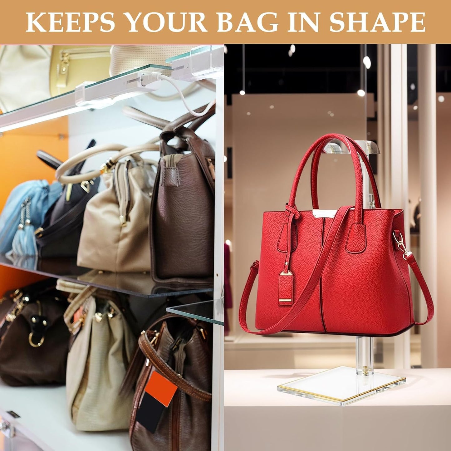 2Pcs Purse Display Stands, Height Adjustable10"-16"+14"-24", Acrylic Handbag Stands for Display, Clear Holder for Purse Evening Bag Clutch, Bag Table Rack, Purses Hanging Organizer for Closet Retail Vendor