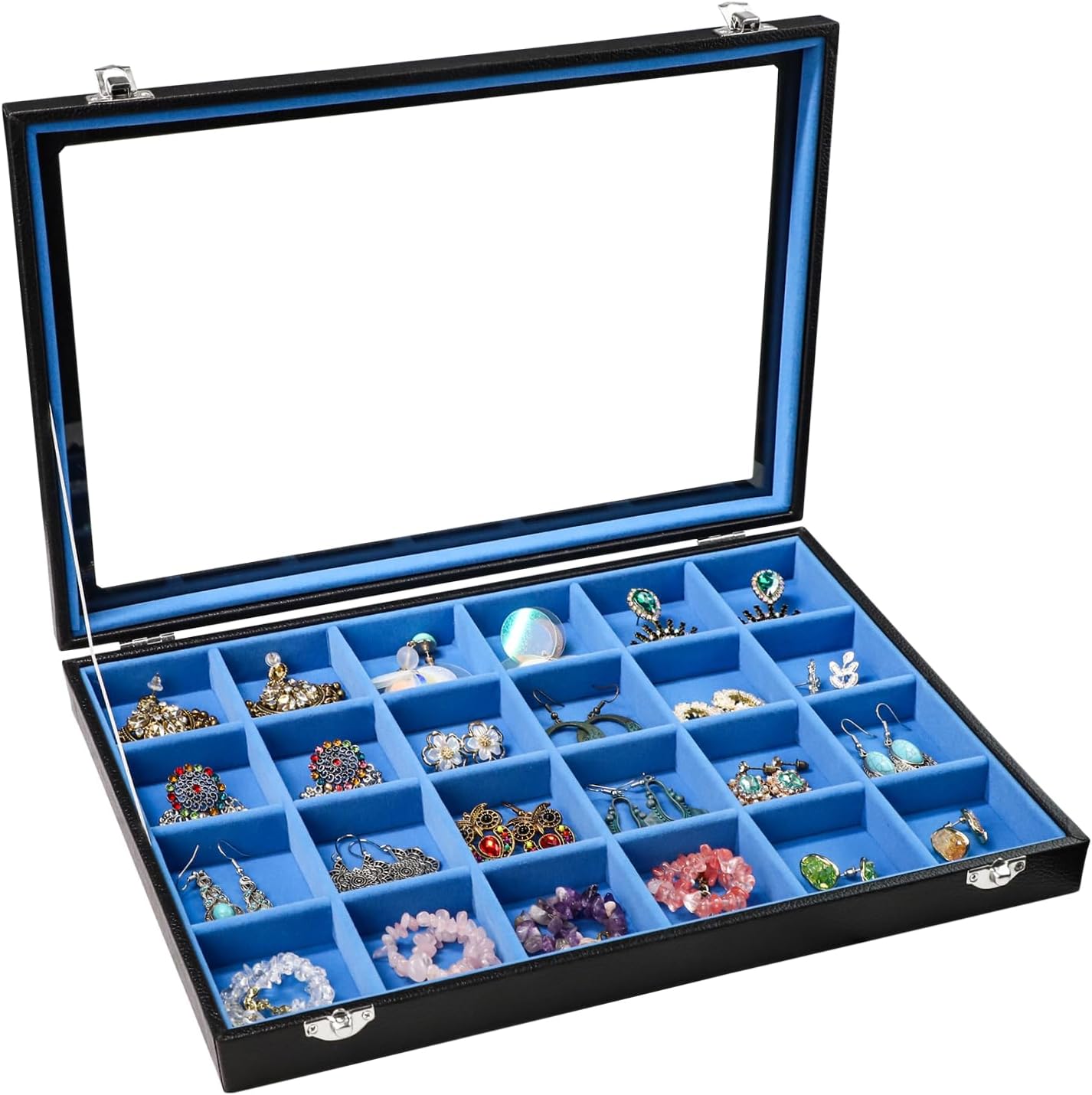 Stratalife Earring Organizer Jewelry Tray with See-through Lid Jewelry Holder Organizer Jewelry Organizer Box Jewelry Storage Crystal Holder Rock Collection Box 24 Grid (Blue Black)