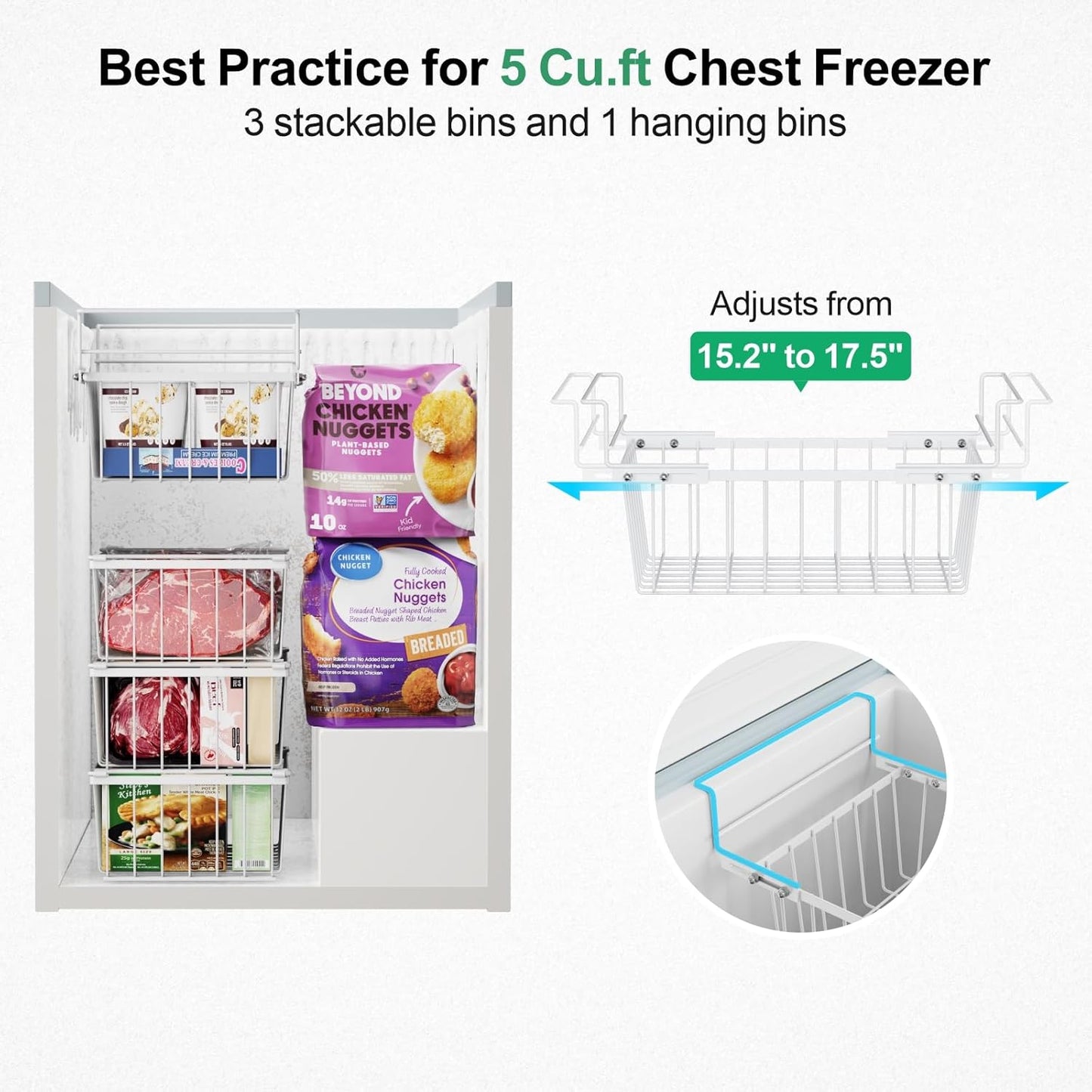 iSPECLE Deep Freezer Organizer Bins - 15.2"~17.5" Freezer Baskets for Chest Freezer, 5 Cu.FT Deep Chest Freezer Organizer Bins, 1 Expandable Hanging Basket and 3 Pack Stackable Bins, 4 Pack White