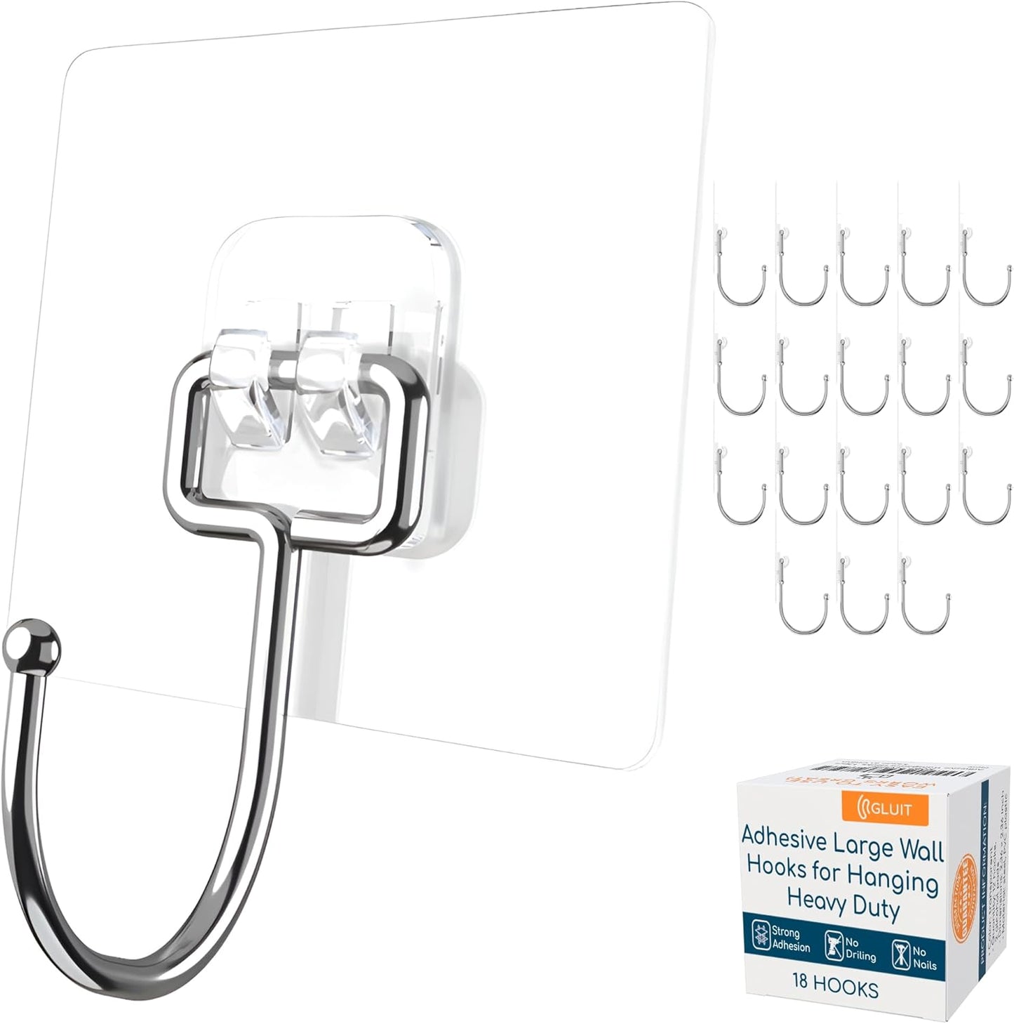 GLUIT Adhesive Large Wall Hooks for Hanging Heavy Duty 22 lbs Hooks for Walls No Damage, Towel Sticky Clear Hooks, Waterproof, Home, Bathroom, Kitchen, Office, and Outdoor, 18 Pack