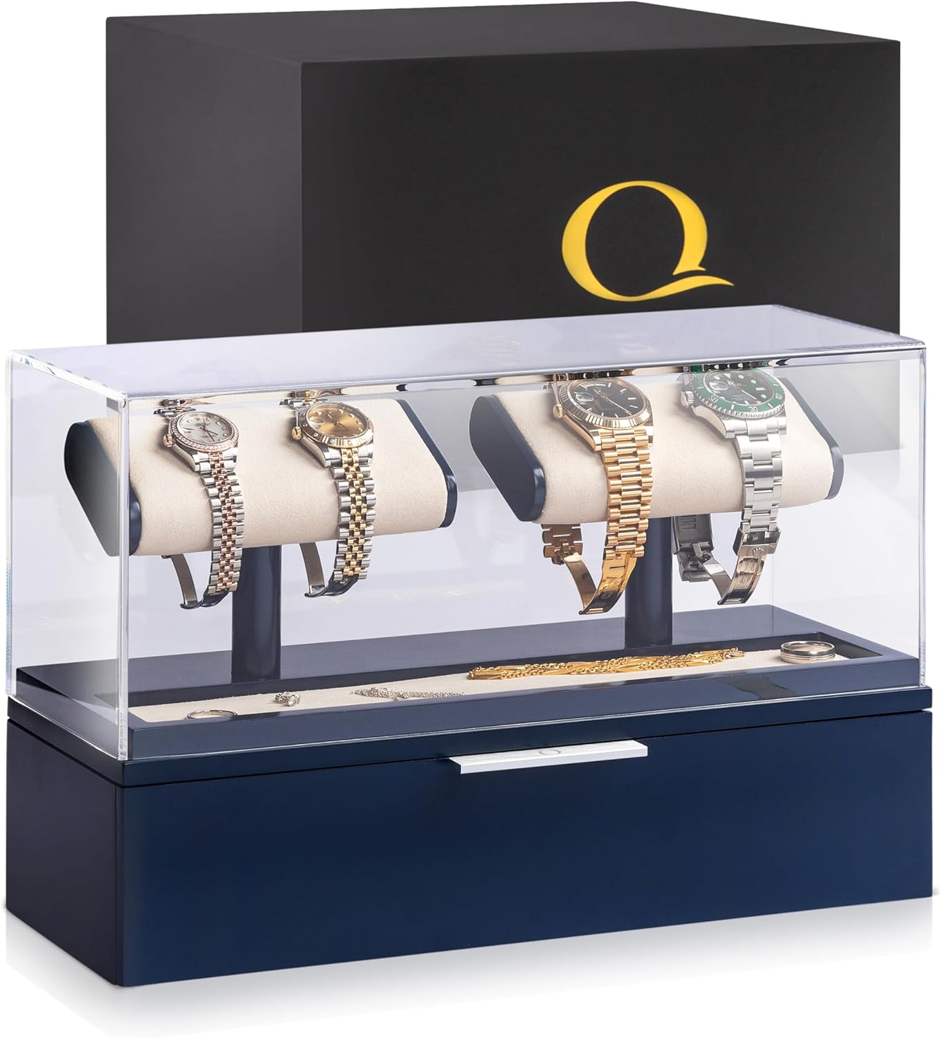 QWATCH Watch Stand Display Case - Acrylic Watch Box for 2 or 4 Watches with Jewelry Valet Tray and Drawer