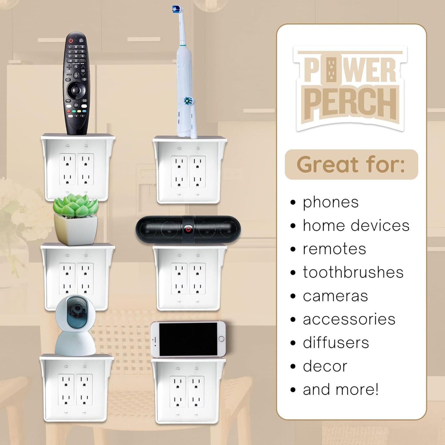 Power Perch Double Wall Outlet Shelf with Cord Storage Strap - Declutter & Reclaim Bathroom Counter Space - Alexa Stand, Apple Homepod Shelf, Toothbrush Holders Wall Mounted - White, 1-Pack