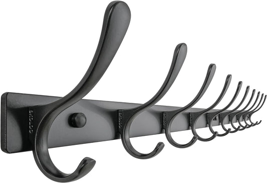 SKOLOO Coat Rack Wall Mounted - 10 Hooks, Heavy Duty, Stainless Steel, Metal Wall Hangers, Sturdy Coat Hooks for Hanging Coats, Jacket, Clothes, Hat, Black
