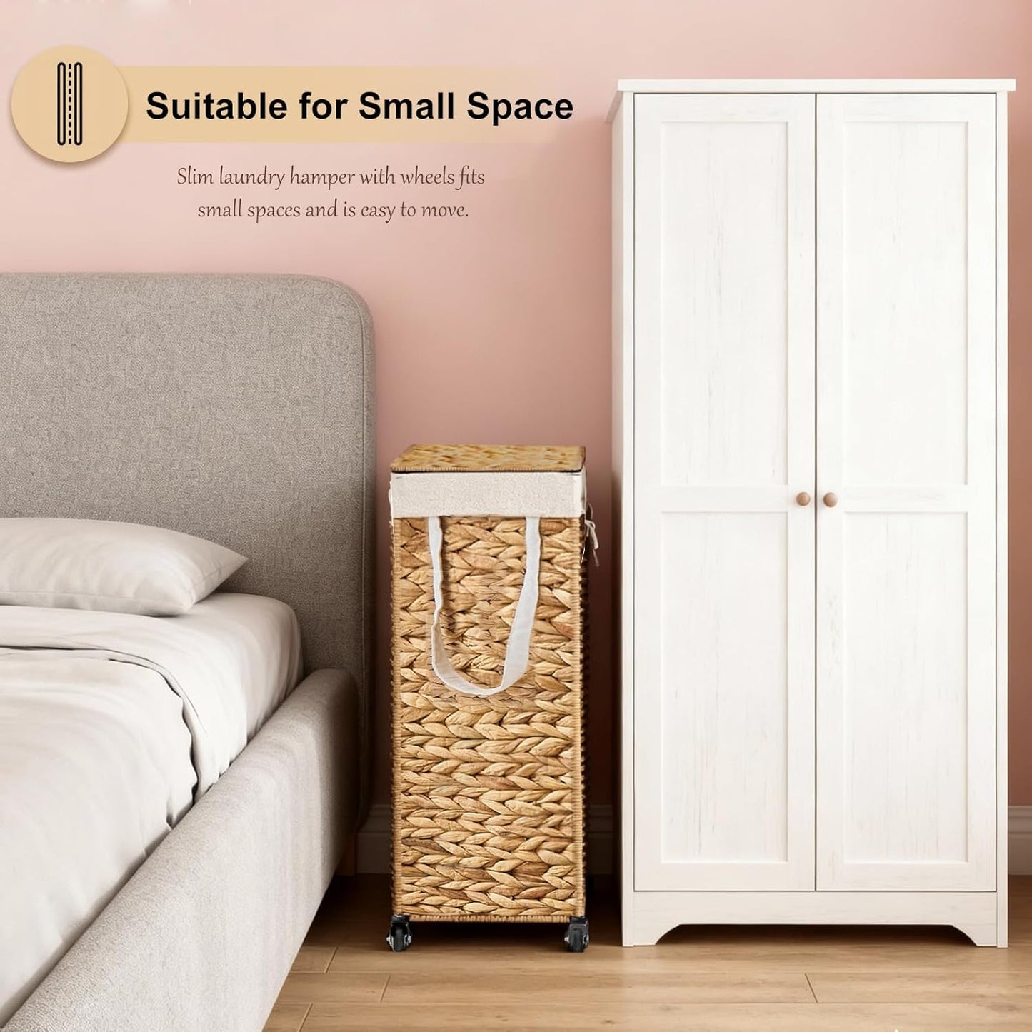 Rolling Laundry Hamper with Lid and Wheels, Slim Laundry Basket with Removable Liner Bag & 2 Mesh Bags, Handwoven Water Hyacinth Clothes Hamper for Bedroom Bathroom (Natural, 85L)