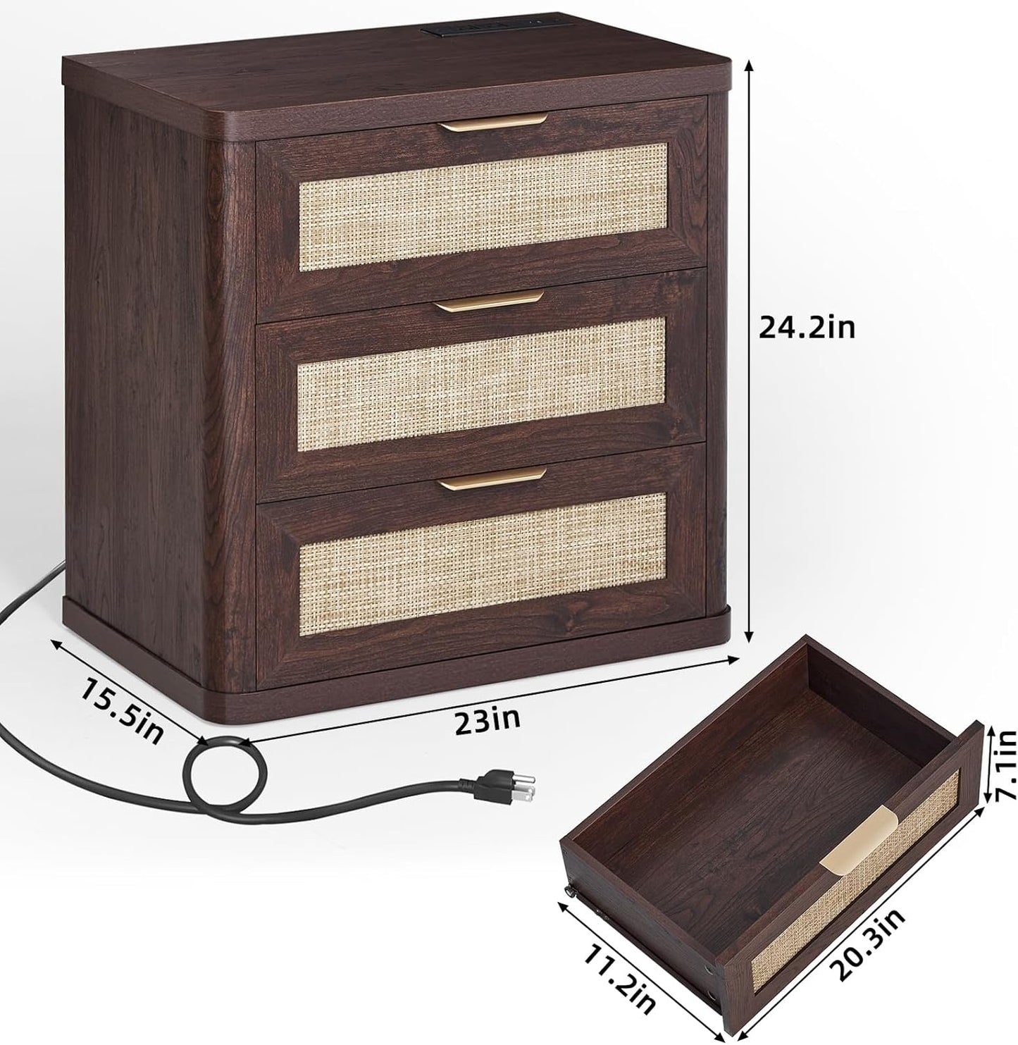 LEYAOYAO Rattan Night Stand Set of 2 with Charger Station, 23" Large 3 Drawer Boho Nightstand, Walnut Bedside Table Storage Cabinet, Bed Side End Tables for Bedroom, Living Room, Hallway