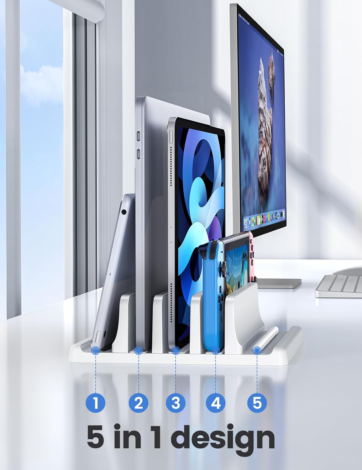 Vaydeer 3-Slot Vertical Laptop Stand Made of Premium ABS Plastics 5 in 1 Design Space-Saving Adjustable Desk Organizer for All MacBook/Chromebook/Surface (White)