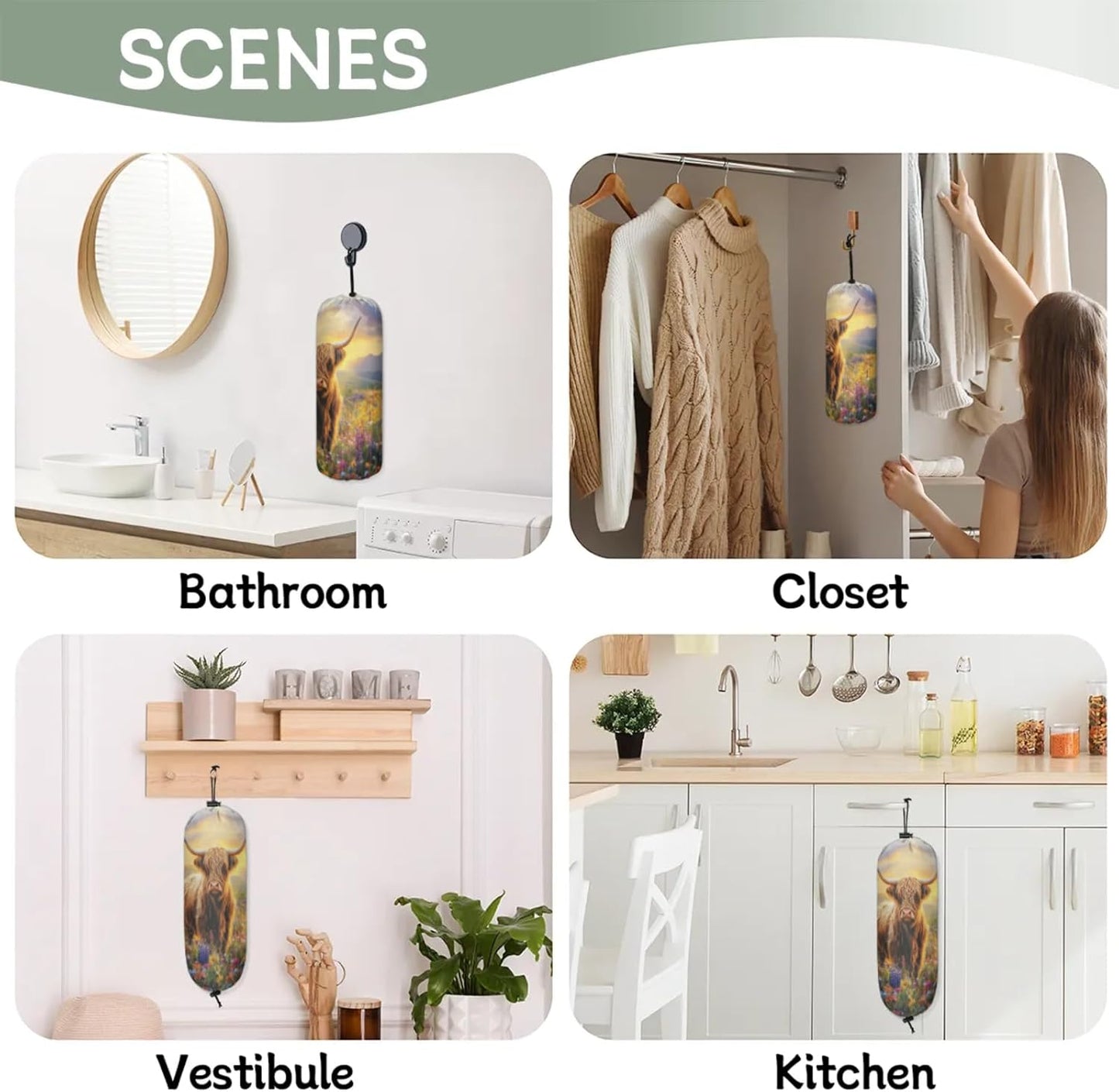 Farmhouse Highland Cow Plastic Bag Holder 2 Pcs Grocery Bag Organizer Reusable Trash Bags Organizer Wall Mount Washable Kitchen Dispenser Holders with Drawstring Closure