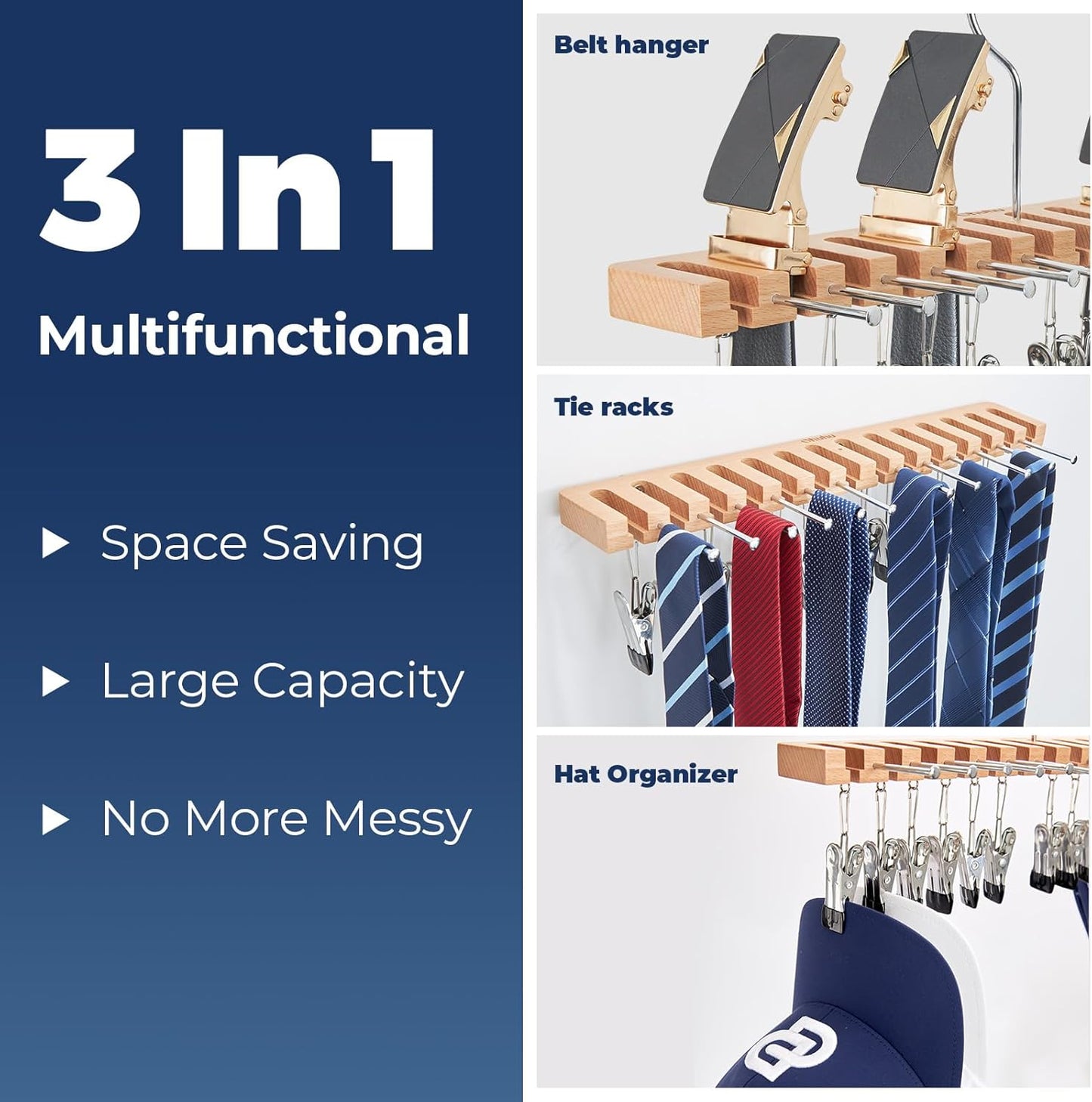 Ohuhu 3 in 1 Belt Hanger Tie Rack Hat Organize for Closet Storage with 14 Belt Slots 12 Tie Hangers 12 Hat Clips Wall Mount Belt Display Space Saver for Men Women Belt Tie Hat Accessories