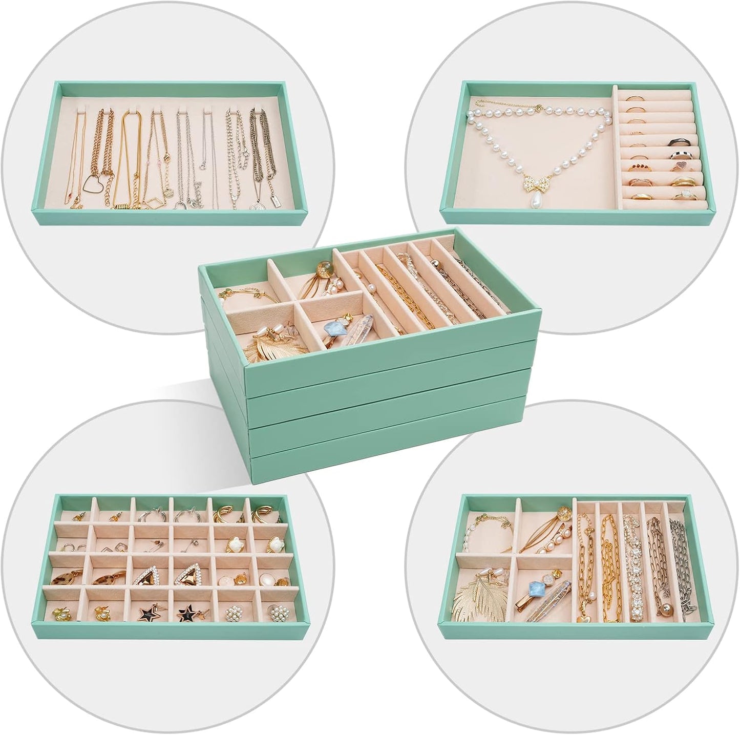 ProCase Stackable Jewelry Organizer Trays for Drawers, Jewelry Drawer Inserts Container Display Case Storage for Earring Necklace Rings Bracelet with Removable Dividers -Mint, 4 Layers