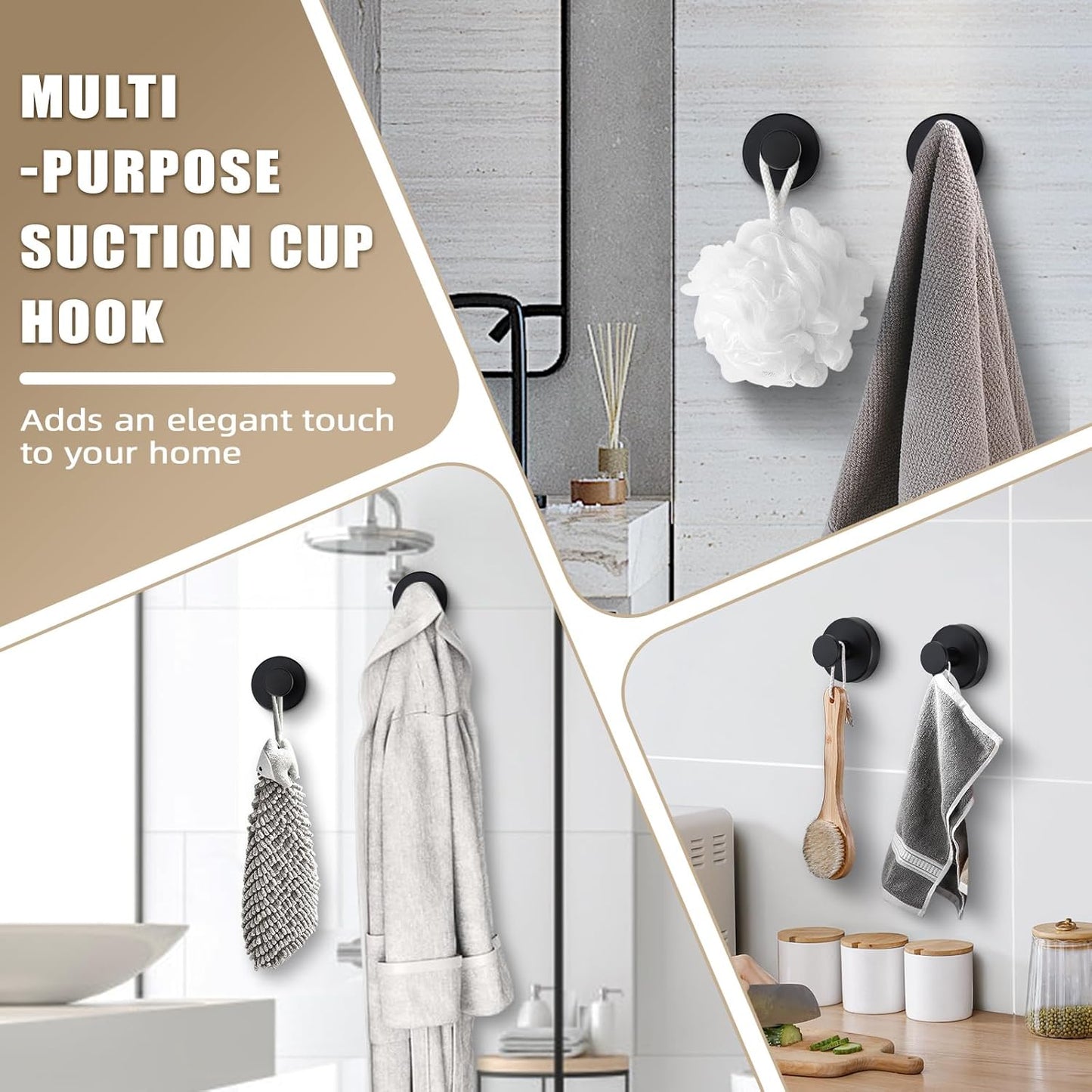 Suction Cup Hooks for Shower No-Drill Bathroom Hooks for Towels, Robes, Loofah Mountable on Bathroom Walls, Kitchen, Glass, Mirrors, Tile and Smooth,Non-Porous Surfaces (2, Matte Black)