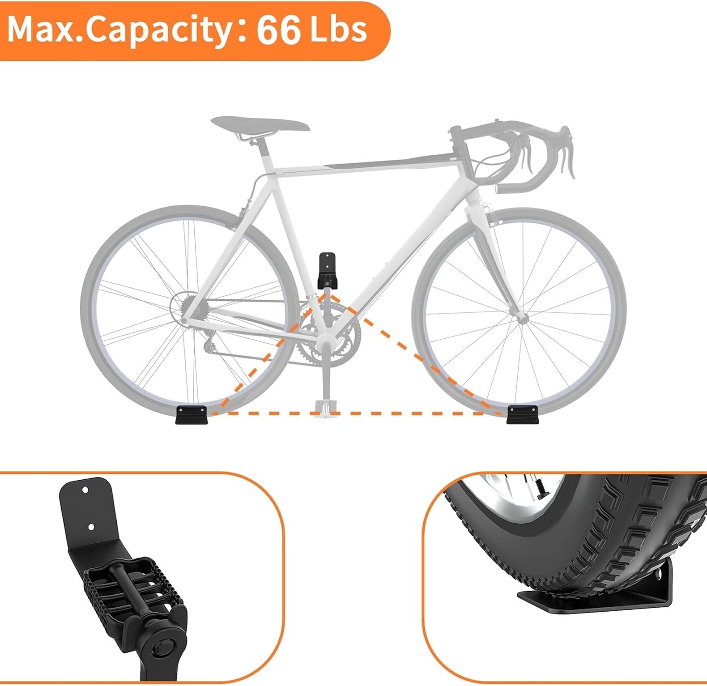 WALMANN 2 Pack Bike Pedal Hanger Wall Mount, Heavy Duty Horizontal Bike Rack for Garage Wall, Holds Up to 70LBS