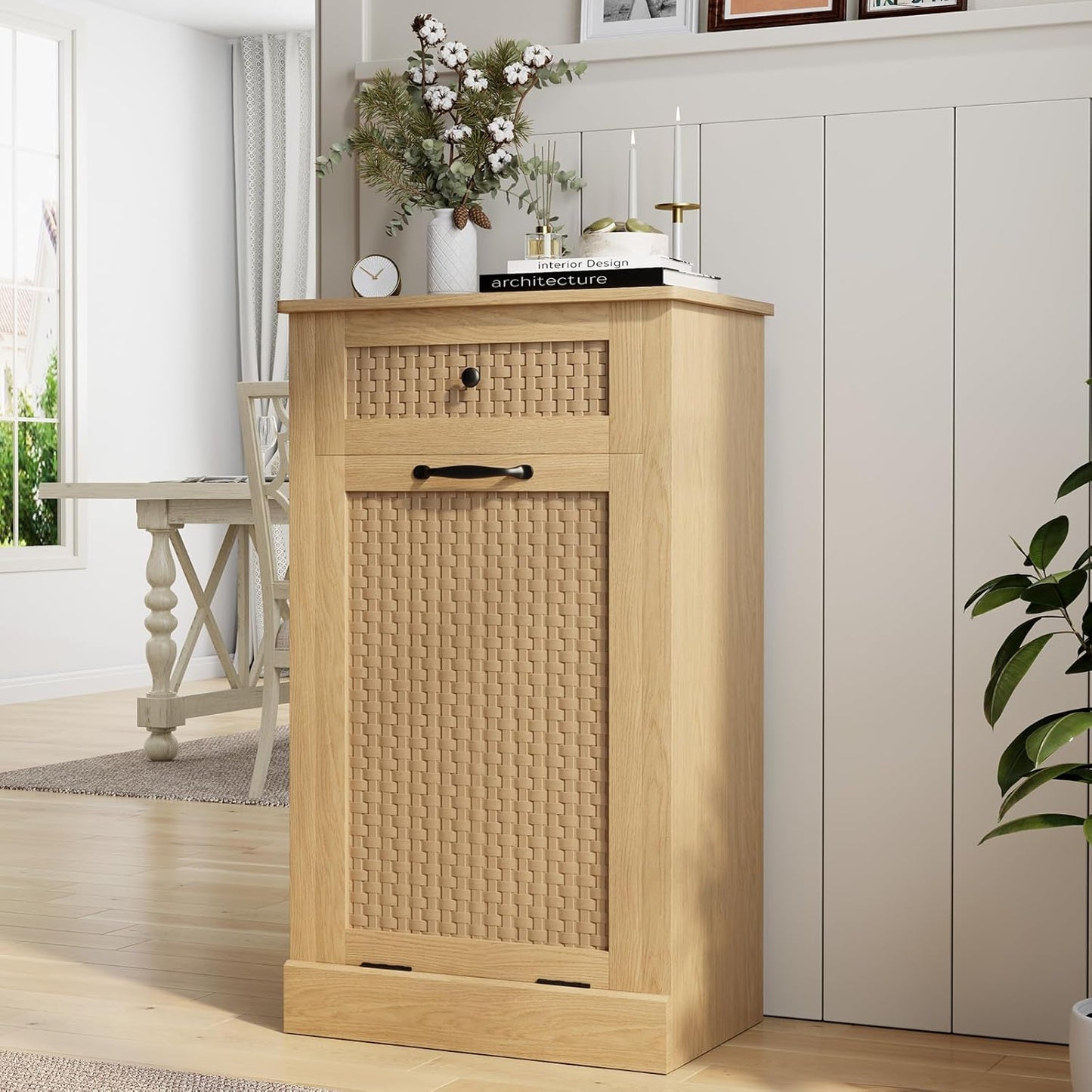 Tilt Out Laundry Hamper Cabinet,10 Gallon Laundry Cabinet with Drawers ＆ Hidden Baskets, Farmhouse Storage Basket for Laundry Room, Bathroom, Kitchen, Wood