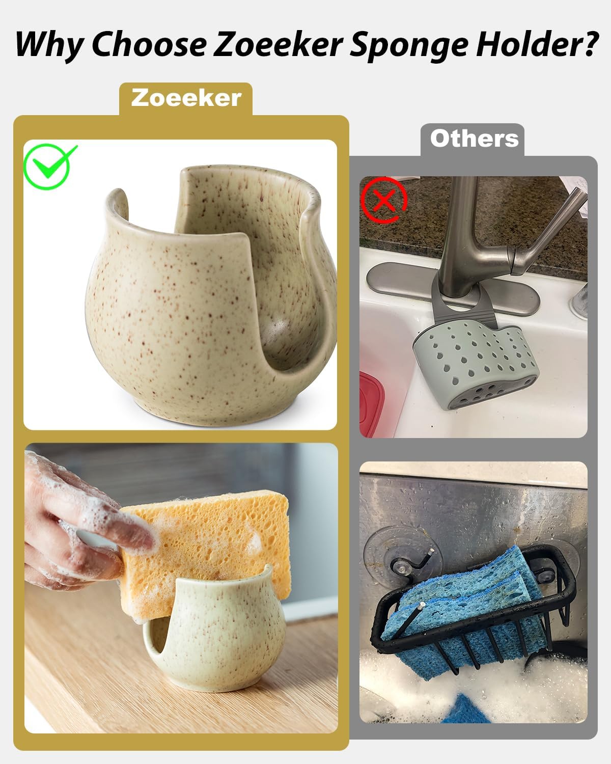 Ceramic Dish Sponge Holder, Sponge Caddy for Kitchen Sink Brush Organizer Scrub Dish Rack for Scrubbers, Bathroom, Sink, Yellow