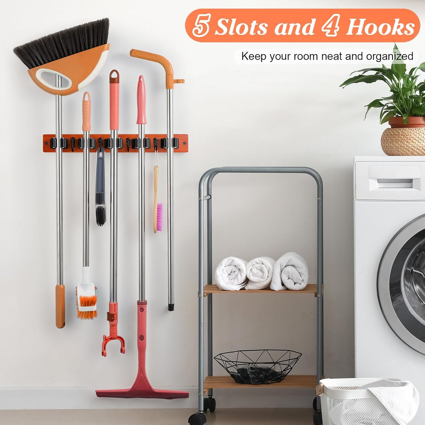 Brown Broom Holder Wall Mount - Heavy Duty Wood Mop and Broom Organizer with 5 Slots & 4 Hooks - Tool Hanger for Laundry Room Closet Kitchen Garage Storage and Organization - for Rusic farmhouse Decor