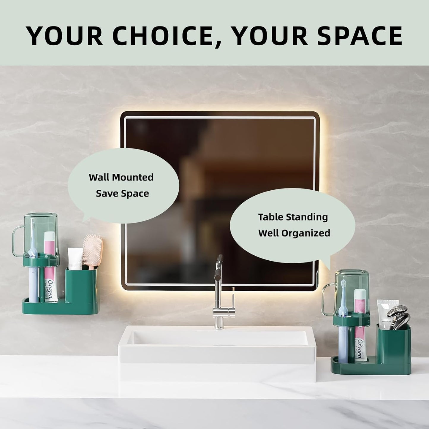 Toothbrush Holder with Cup/Cover Contains 2 Slots, Bathroom Counter Organizer for Electric Toothbrush, Toothpaste, Razors & Small Comb, Tooth Paste Holder for Home Hotel Countertop, Green