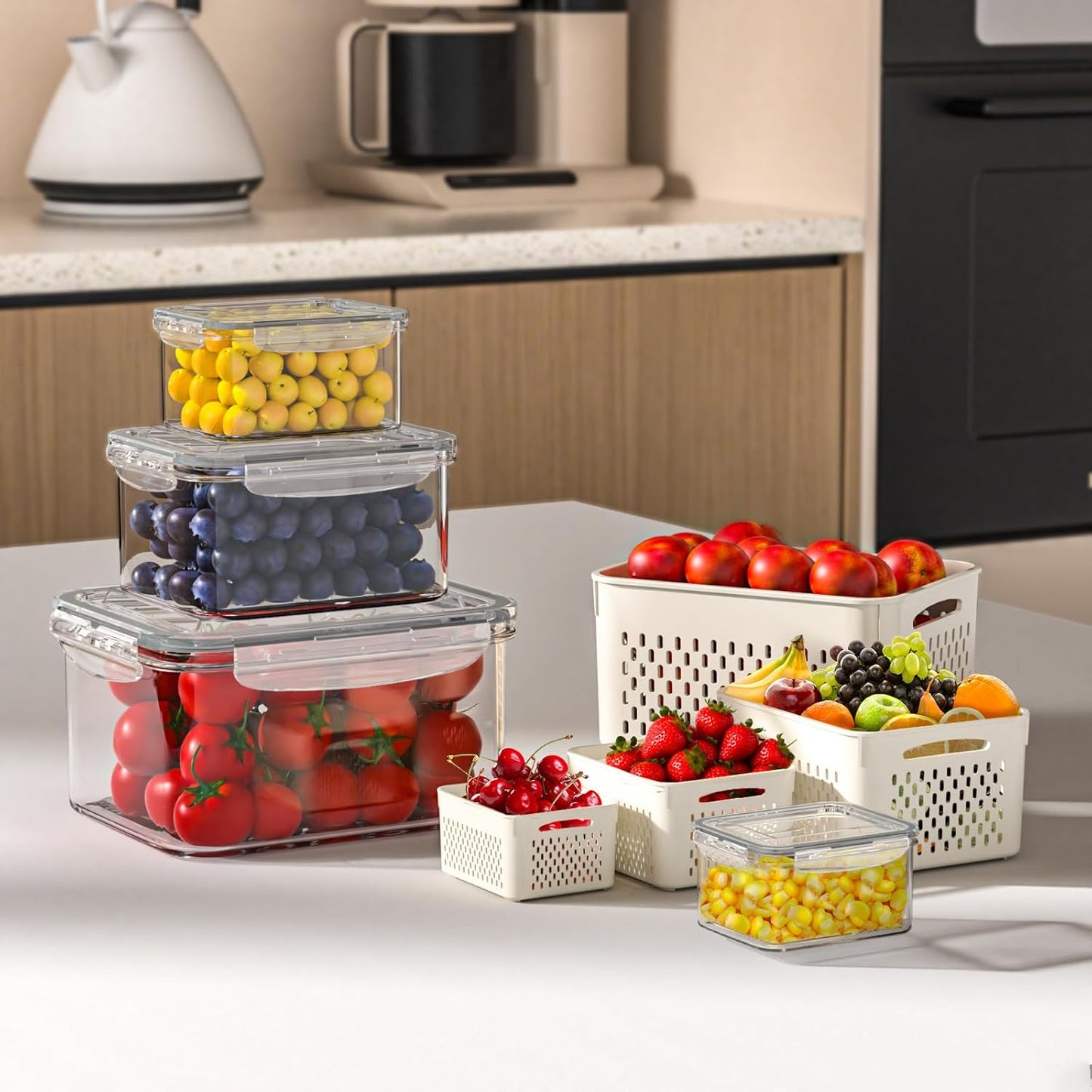 8 Pcs Fruit Storage Containers for Fridge (with Drain Basket) - Leak-Proof Food Containers, BPA-Free, Keep Fruits, Vegetables, Berries, and Meats Fresh for a Long Time, Dishwasher and Microwave Safe
