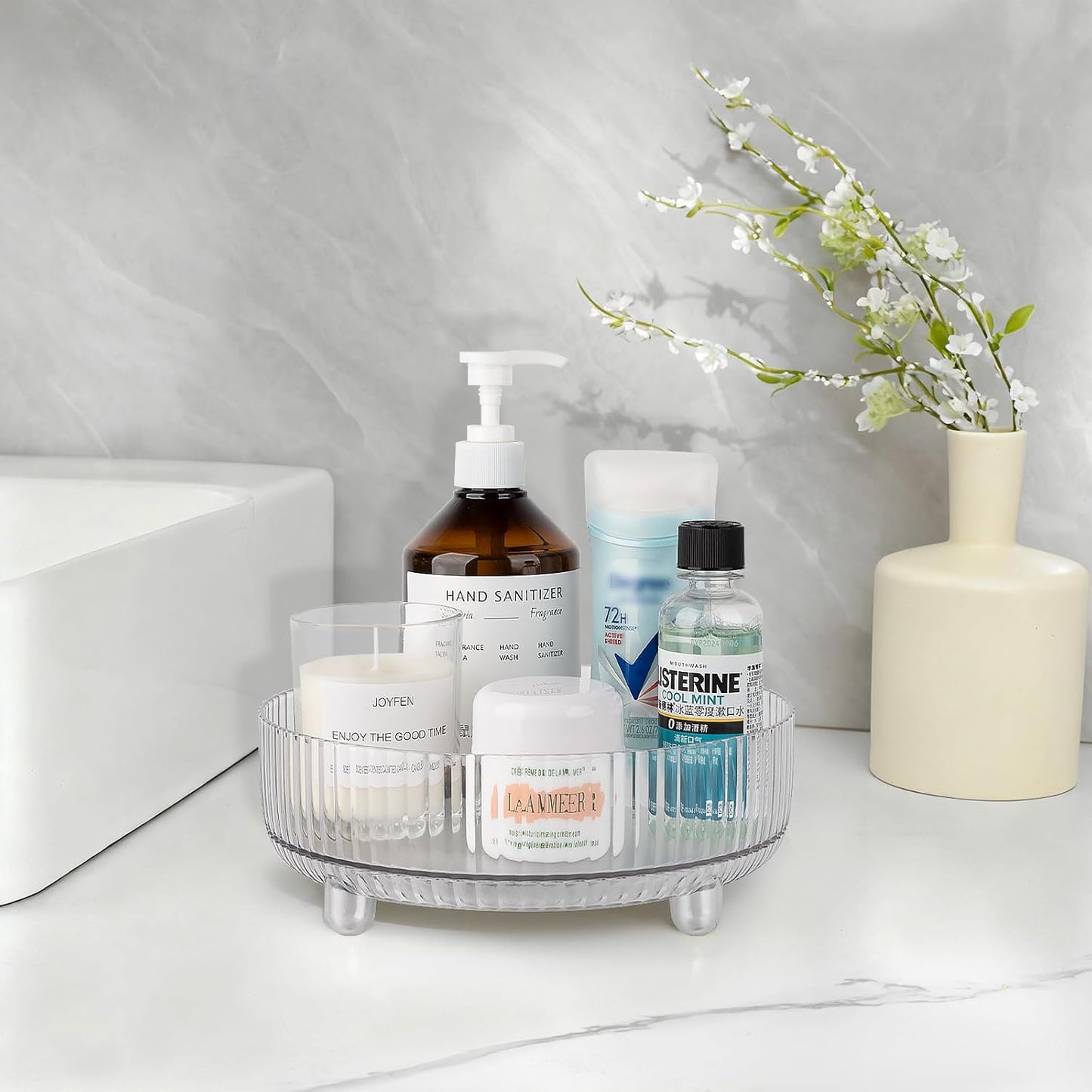 360 Rotating Makeup Organizer Perfume Tray Skincare Holder Spinning Cosmetic Storage Bathroom Countertop Organizer Lazy Susan Turntable for Dresser, Vanity, Kitchen, Small Clear