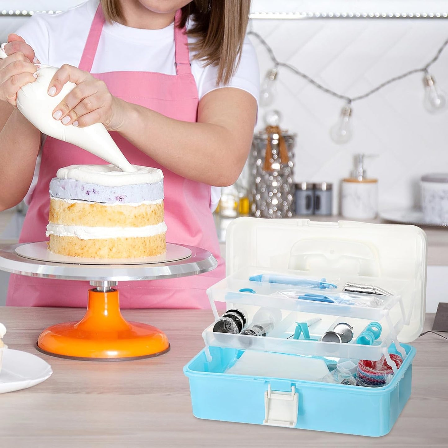 3-Tier Baking Supplies Storage Case Cake Plastic Decorating Tool Storage Box with Handle Folding Craft Organizer for Baking Accessories Snacks