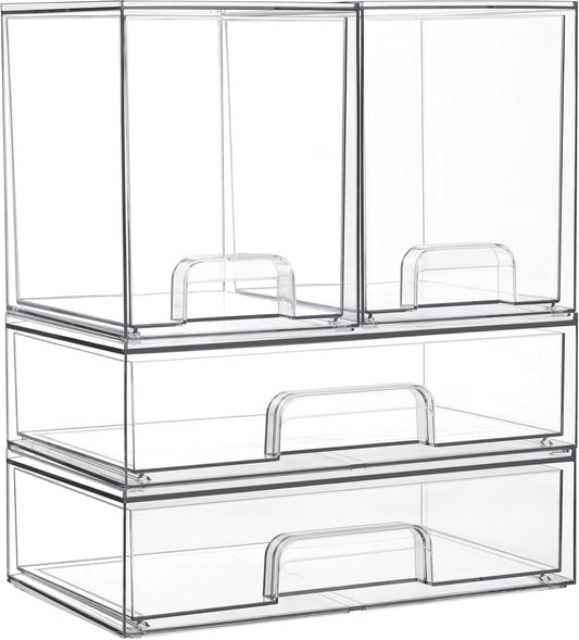 Vtopmart Clear Stackable Storage Drawers Set of 4, Plastic Organizer Bins for Makeup, Cosmetics, Beauty Supplies,Ideal for Vanity, Bathroom,Cabinet,Pantry Organization