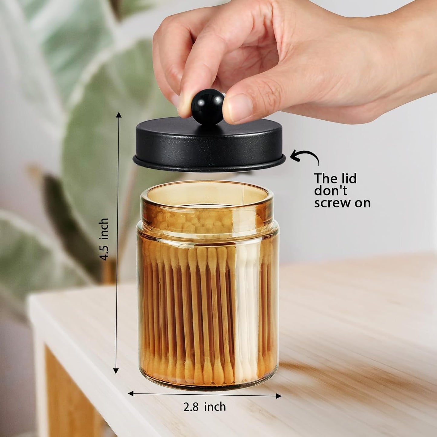 Amolliar Amber Yellow Apothecary Jar With Metal Lid & Waterproof Labels, Qtip Holder Dispenser for Cotton Swabs, Balls, Makeup Pads, Floss Picks, Countertop Bathroom Storage Canister, Black 1 Pack